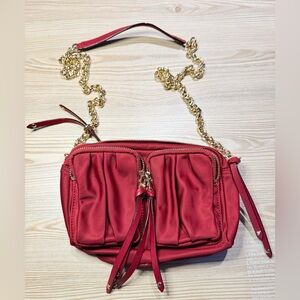 MZ Wallace Women's Burgundy Nylon Leather Trim Crossbody With Gold Chain Strap